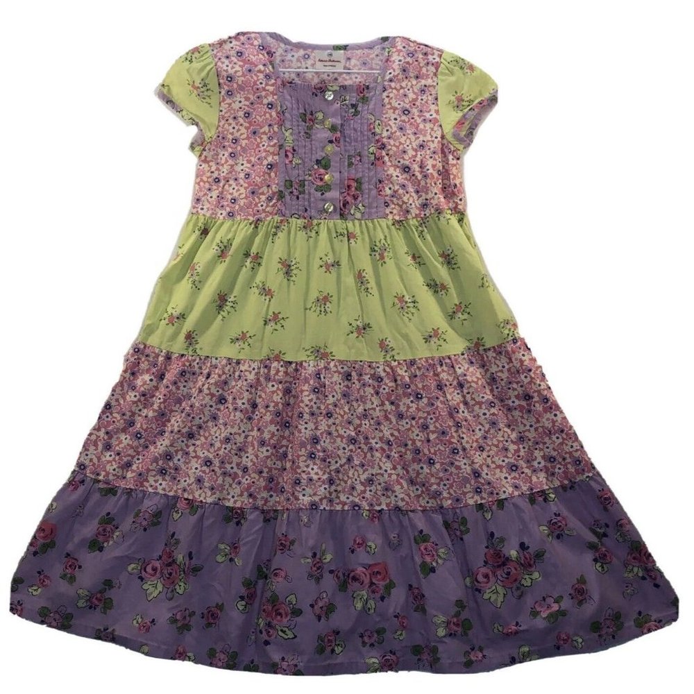 Hanna Andersson 140 Cotton Floral Dress Boho Purple Layered Peasant Dress Sz 10